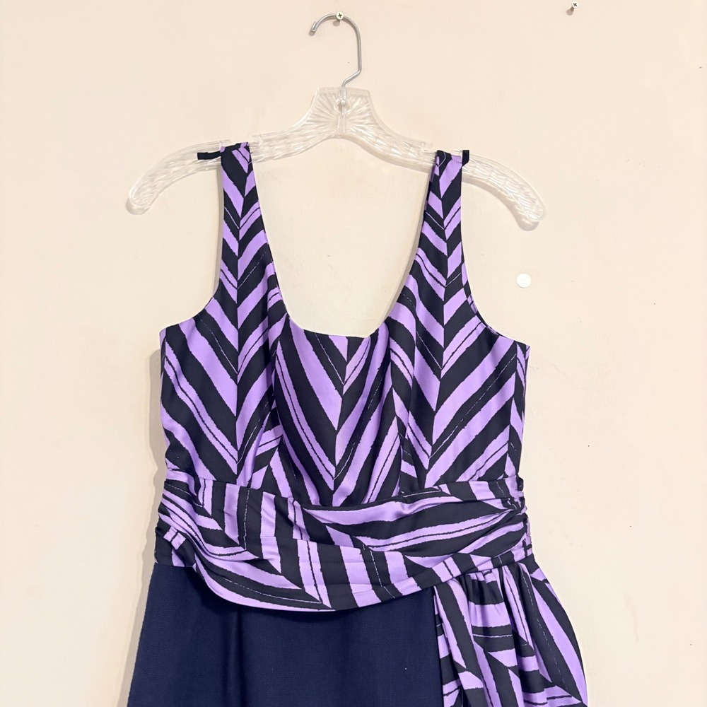 Milly Marcela Silk Purple Black Striped Sleeveless Sheath Dress Side Drape Sz 4 - Picture 6 of 15
